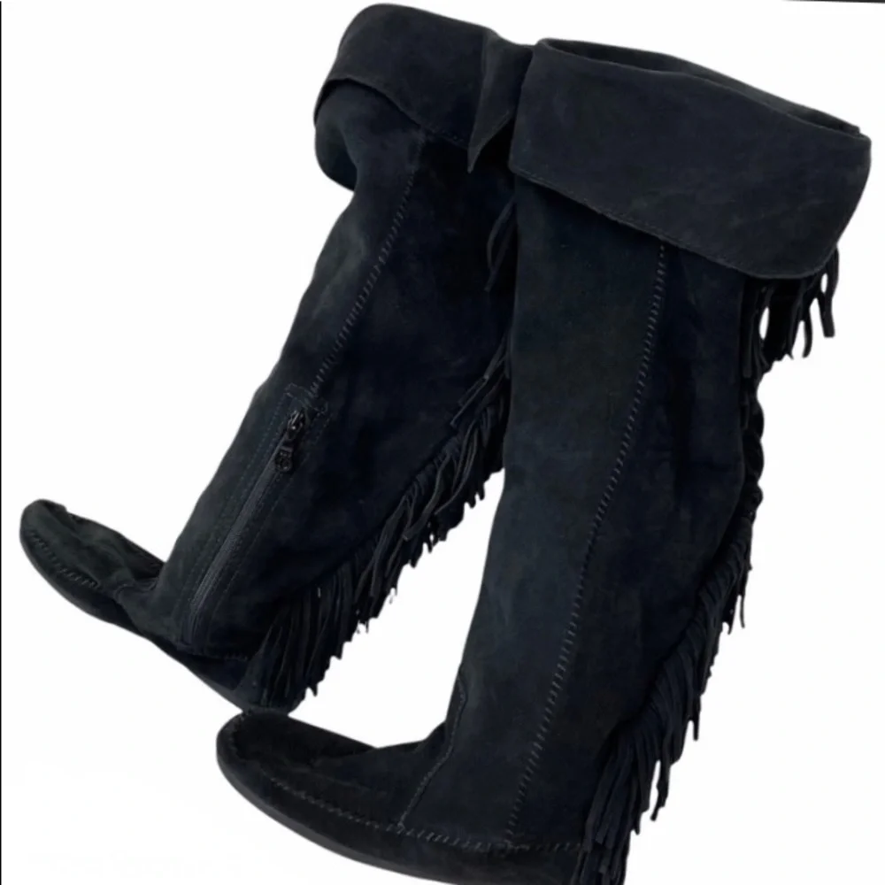 Vintage Suede Boots Black Fringe Knee High Tall Y2K Minnetonka Indian Moccasins